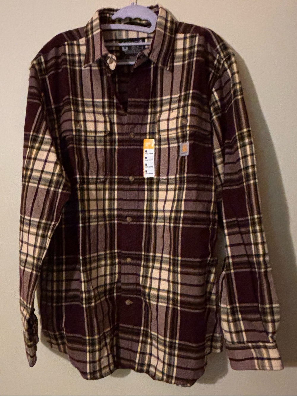 Carhartt Men's Maroon and Cream Plaid Button-Down Shirt